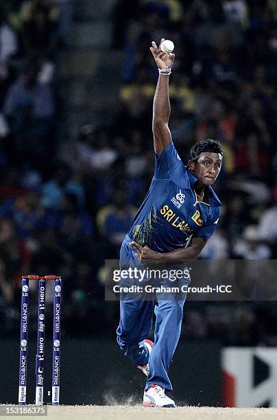 Ajantha Mendis of Sri Lanka bowls during the Super Eights Group 1 match between England and Sri Lanka at Pallekele Cricket Stadium on October 1, 2012...