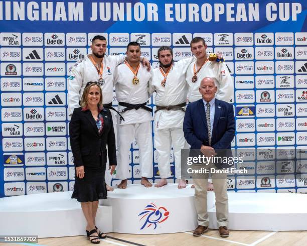 Over 100kg medallists L-R: Silver; Mathys Gomes Da Silva , Gold; Giannis Antoniou , Bronzes; Sami Ramdani and Daniel Ede during the 2023 Birmingham...