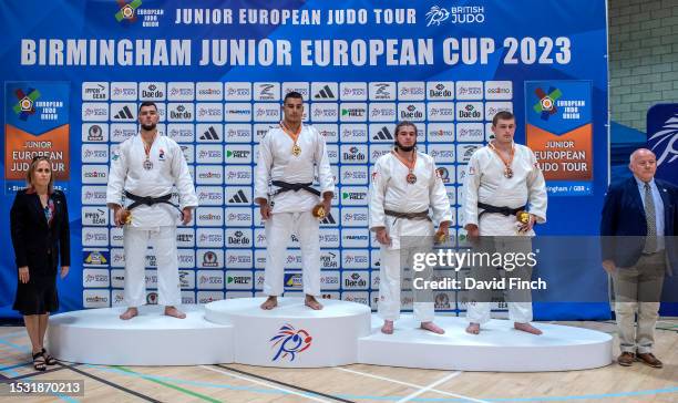 Over 100kg medallists L-R: Silver; Mathys Gomes Da Silva , Gold; Giannis Antoniou , Bronzes; Sami Ramdani and Daniel Ede during the 2023 Birmingham...