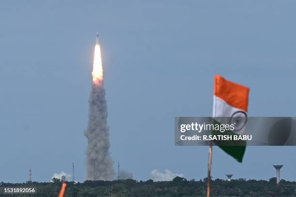 An Indian Space Research Organisation rocket carrying the Chandrayaan-3 spacecraft lifts off from the Satish Dhawan Space Centre in Sriharikota, an...