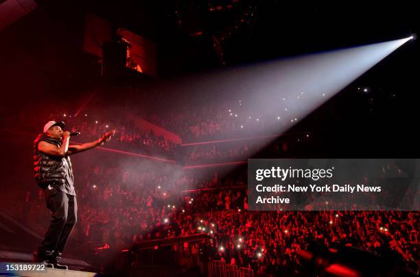 Musician Jay-Z christens the Barclays Center during the first of eight concerts on Friday, Sep. 28, 2012 in Brooklyn, N.Y.