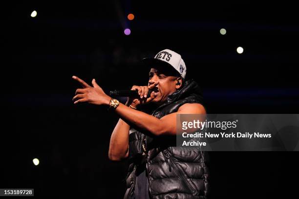 Musician Jay-Z christens the Barclays Center during the first of eight concerts on Friday, Sep. 28, 2012 in Brooklyn, N.Y.