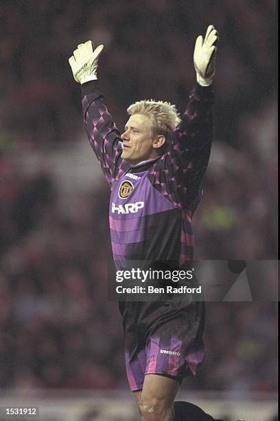 Peter Schmeichel of Manchester United raises his arms in celebration after United score during the FA Carling Premier league match against...