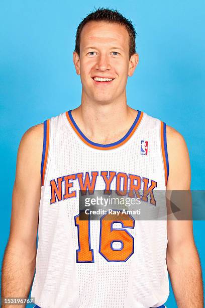 Steve Novak of the New York Knicks poses for a photo during the New York Knicks Media Day on October 1, 2012 at the Madison Square Garden Training...