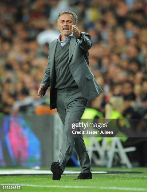 Head coach Jose Mourinho of Real Madrid reacts during the la Liga match between Real Madrid CF and RC Deportivo La Coruna at the Santiago Bernabeu...