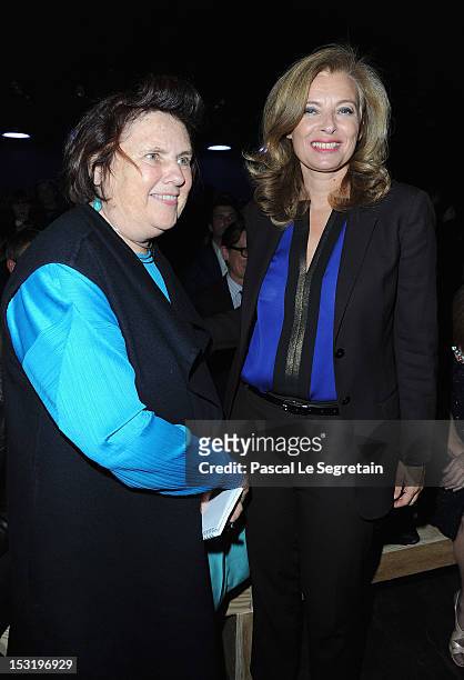 Suzy Menkes and Valerie Trierweiler attend the Saint Laurent Spring / Summer 2013 show as part of Paris Fashion Week on October 1, 2012 in Paris,...