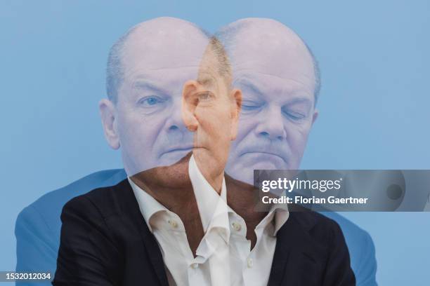 Federal Chancellor Olaf Scholz is pictured during a press conference about domestic and foreign policy on July 14, 2023 in Berlin, Germany.