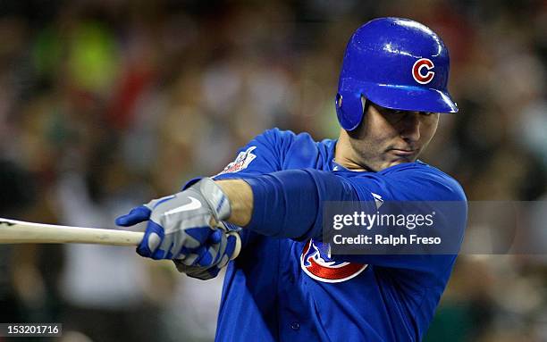 Anthony Rizzo of the Chicago Cubs takes a practice swing as he prepares to bat during a MLB game against the Arizona Diamondbacks at Chase Field on...