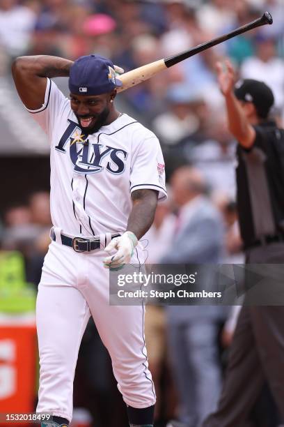 Randy Arozarena of the Tampa Bay Rays reacts during the T-Mobile Home Run Derby at T-Mobile Park on July 10, 2023 in Seattle, Washington.