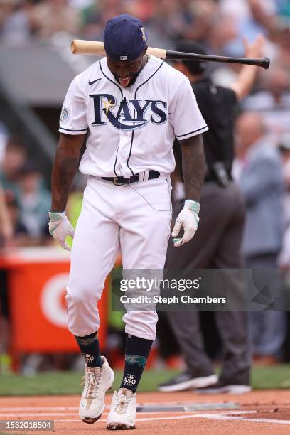 Randy Arozarena of the Tampa Bay Rays reacts during the T-Mobile Home Run Derby at T-Mobile Park on July 10, 2023 in Seattle, Washington.