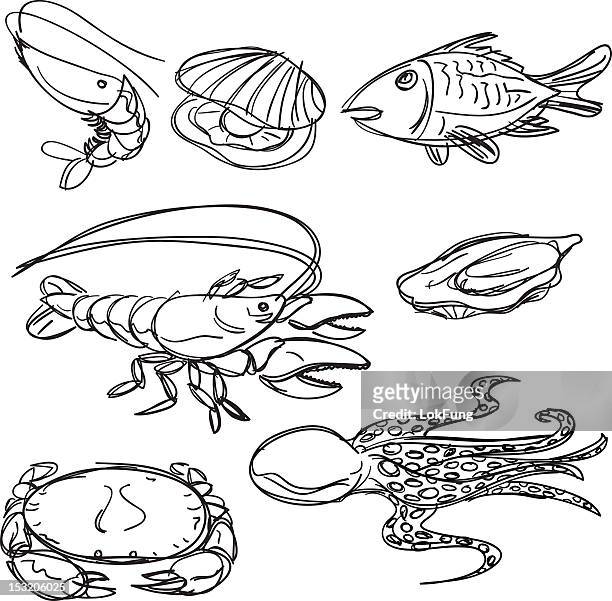 seafood collection in black and white - prawn seafood stock illustrations