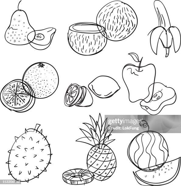 fruit collection in black and white - durian stock illustrations