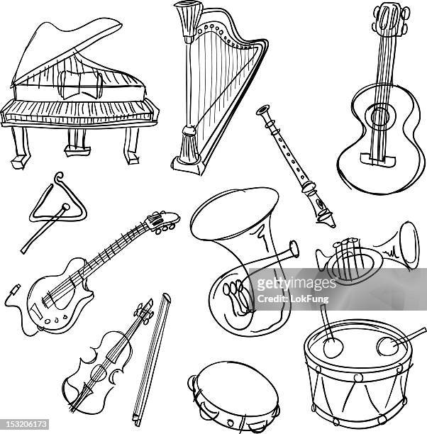 musical instrument  collection in black and white - tuba stock illustrations