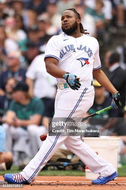 Vladimir Guerrero Jr. #27 of the Toronto Blue Jays bats during the T-Mobile Home Run Derby at T-Mobile Park on July 10, 2023 in Seattle, Washington.