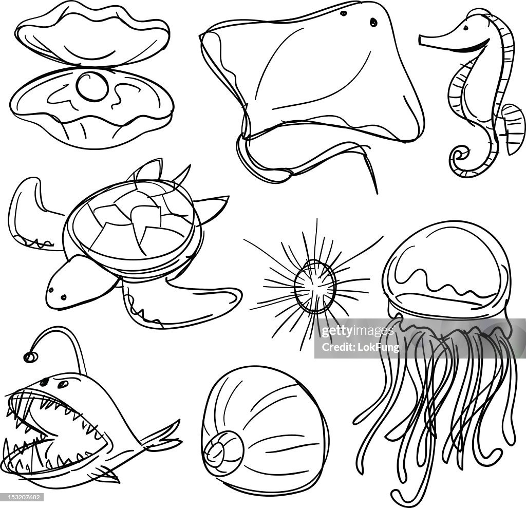 Sea Animals Collection In Black And White High-Res Vector Graphic - Getty  Images