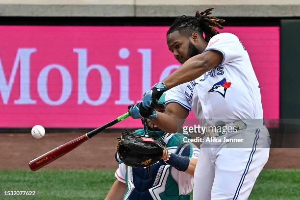 Vladimir Guerrero Jr. #27 of the Toronto Blue Jays bats during the T-Mobile Home Run Derby at T-Mobile Park on July 10, 2023 in Seattle, Washington.