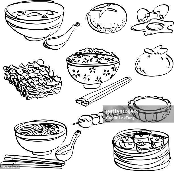 stockillustraties, clipart, cartoons en iconen met asian food collection in black and white - schaal serviesgoed