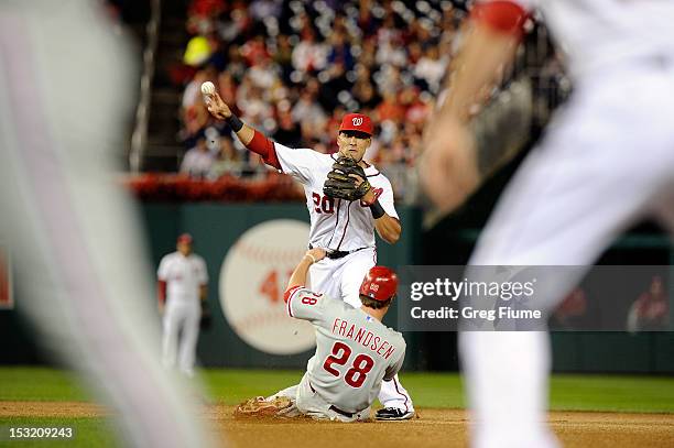 Ian Desmond of the Washington Nationals forces out Kevin Frandsen of the Philadelphia Phillies to start a double play in the third inning at...