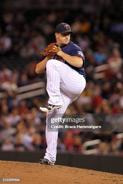 Matt Capps of the Minnesota Twins pitches against the New York Yankees on September 24, 2012 at Target Field in Minneapolis, Minnesota. The Twins...