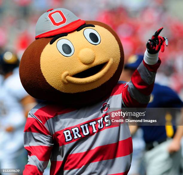 Mascot Brutus the Buckeye reacts to the play on the field during a game between the Ohio State Buckeyes and the California Bears on September 15,...