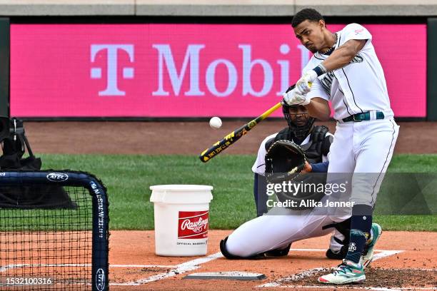 Julio Rodríguez of the Seattle Mariners bats during the T-Mobile Home Run Derby at T-Mobile Park on July 10, 2023 in Seattle, Washington.
