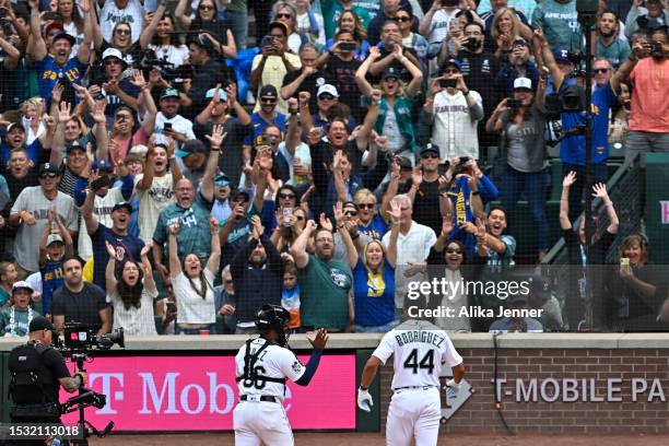 Julio Rodríguez of the Seattle Mariners reacts during the T-Mobile Home Run Derby at T-Mobile Park on July 10, 2023 in Seattle, Washington.