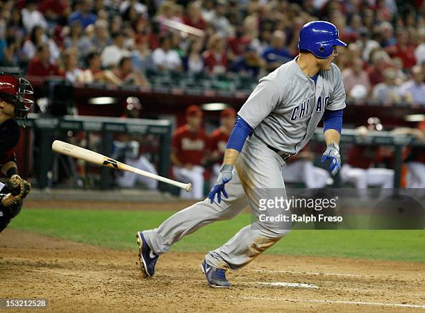 Anthony Rizzo of the Chicago Cubs lines a double to the outfield against the Arizona Diamondbacks during a MLB game at Chase Field on September 30,...