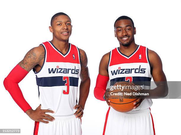 Bradley Beal and John Wall of the Washington Wizards pose for a portrait during 2012 NBA Media Day at the Verizon Center on October 1, 2012 in...