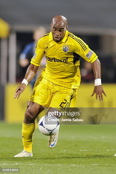 Emilio Renteria of the Columbus Crew controls the ball against the Philadelphia Union on September 29, 2012 at Crew Stadium in Columbus, Ohio.