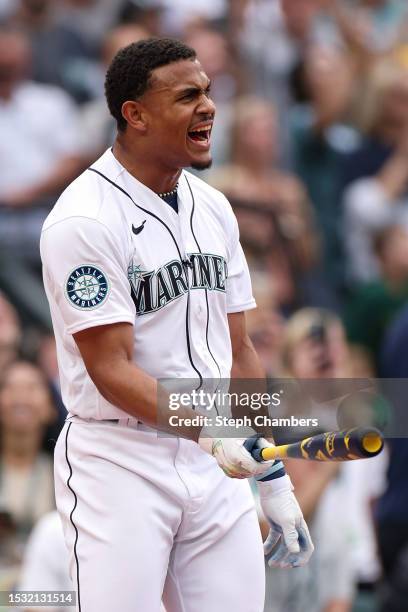 Julio Rodríguez of the Seattle Mariners reacts during the T-Mobile Home Run Derby at T-Mobile Park on July 10, 2023 in Seattle, Washington.