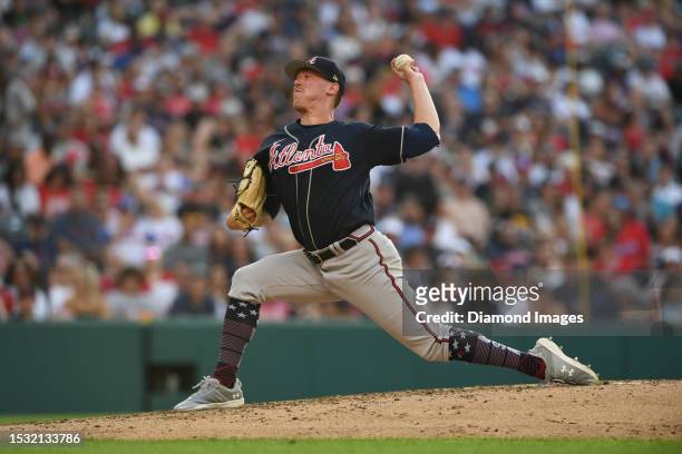 Kolby Allard of the Atlanta Braves throws a pitch during the third inning against the Cleveland Guardians at Progressive Field on July 4, 2023 in...