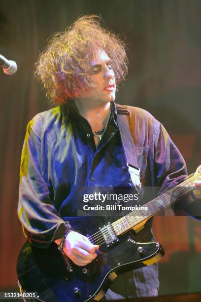 Singer Robert Smith of new wave band The Cure performing at the Curiousa festival on July 31, 2004 on Randall's Island