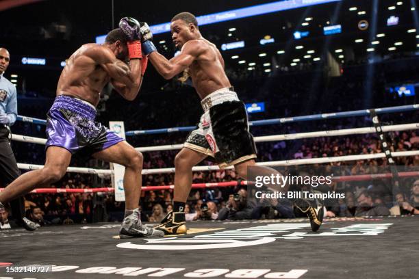 January 20: Errol Spence Jr defeats Lamont Peterson by RTD in the 10th round in their Championship Welterweight fight at the Barclay Center in...