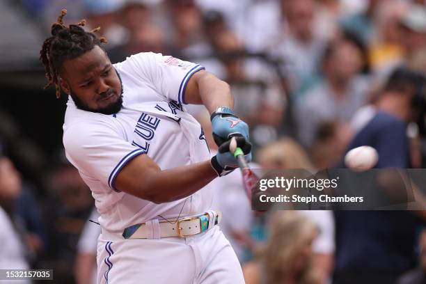 Vladimir Guerrero Jr. #27 of the Toronto Blue Jays bats during the T-Mobile Home Run Derby at T-Mobile Park on July 10, 2023 in Seattle, Washington.