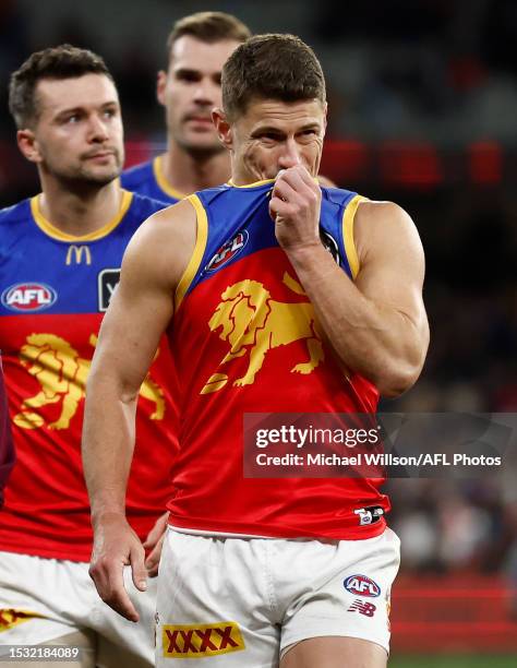 Dayne Zorko of the Lions looks dejected after a loss during the 2023 AFL Round 18 match between the Melbourne Demons and the Brisbane Lions at the...