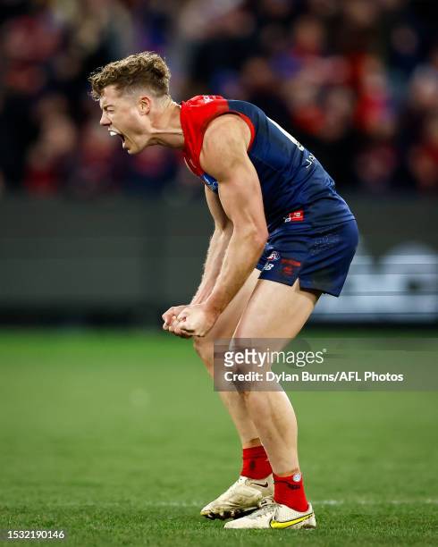 Jake Melksham of the Demons reacts after the final siren during the 2023 AFL Round 18 match between the Melbourne Demons and the Brisbane Lions at...