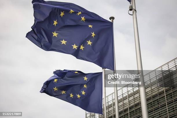 European Union flags at the Berlaymont building of the European Commission in Brussels, Belgium, on Friday, July 14, 2023. Leaders from the EU, Latin...