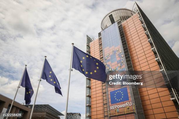 European Union flags at the Berlaymont building of the European Commission in Brussels, Belgium, on Friday, July 14, 2023. Leaders from the EU, Latin...