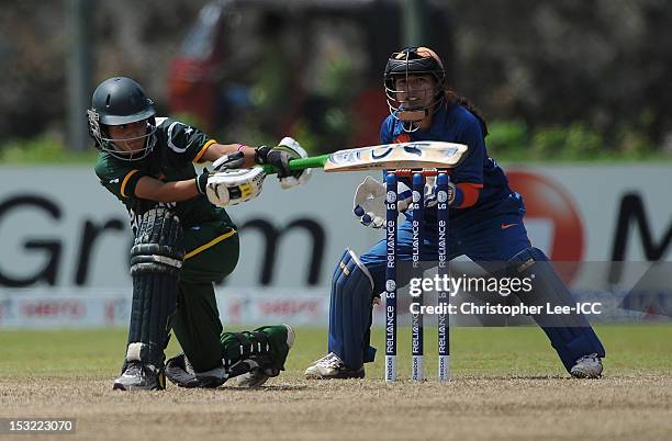 Javeria Wadood of Pakistan in action as Sulakshana Naik of India watches during the ICC Women's World Twenty20 2012 Group A match between India and...
