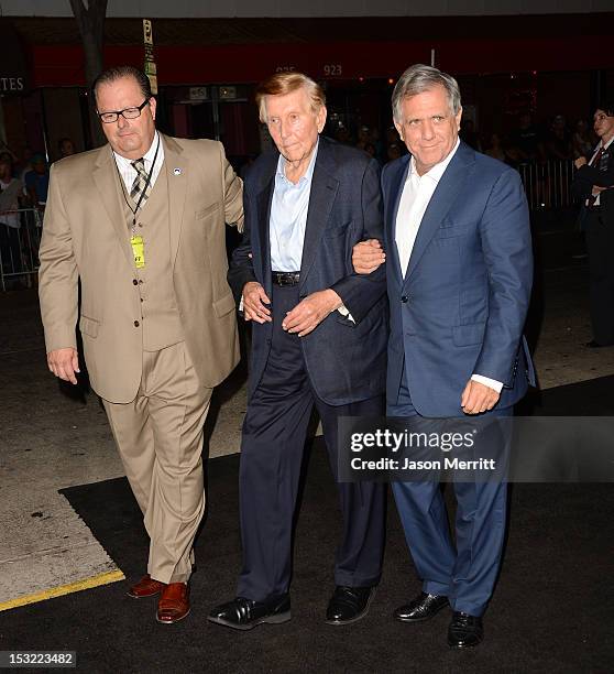 Sumner Redstone and Leslie Moonves arrive at the premiere of CBS Films' 'Seven Psychopaths' at Mann Bruin Theatre on October 1, 2012 in Westwood,...