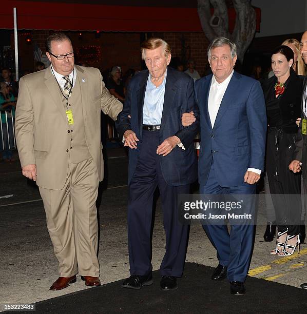 Sumner Redstone and Leslie Moonves arrive at the premiere of CBS Films' 'Seven Psychopaths' at Mann Bruin Theatre on October 1, 2012 in Westwood,...