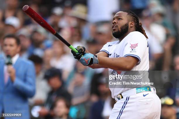 Vladimir Guerrero Jr. #27 of the Toronto Blue Jays bats during the T-Mobile Home Run Derby at T-Mobile Park on July 10, 2023 in Seattle, Washington.