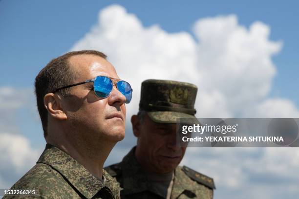 Russia's former president and now serving as deputy chairman of the country's Security Council, Dmitry Medvedev , visits the Totsky military training...
