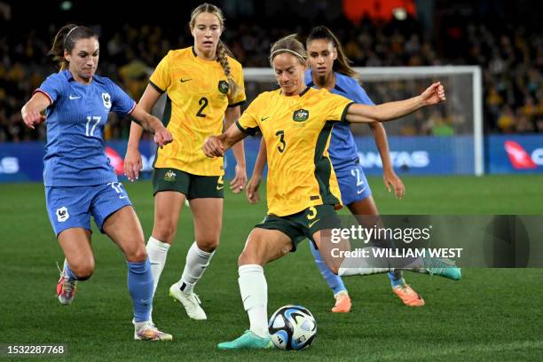 Australia's Aivi Luik clears the ball during the international friendly football match between Australia and France in Melbourne on July 14, 2023. /...