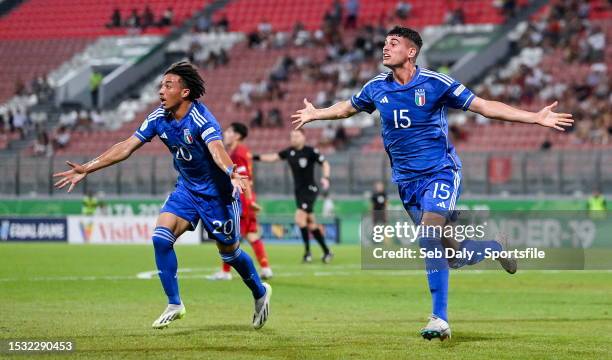 Luca Lipani of Italy, right, celebrates after scoring his side's third goal during the UEFA European Under-19 Championship 2022/23 semi-final match...