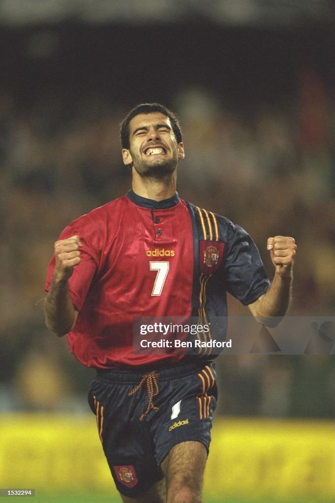 Josep Guardiola of Spain celebrates after scoring from the penalty spot
