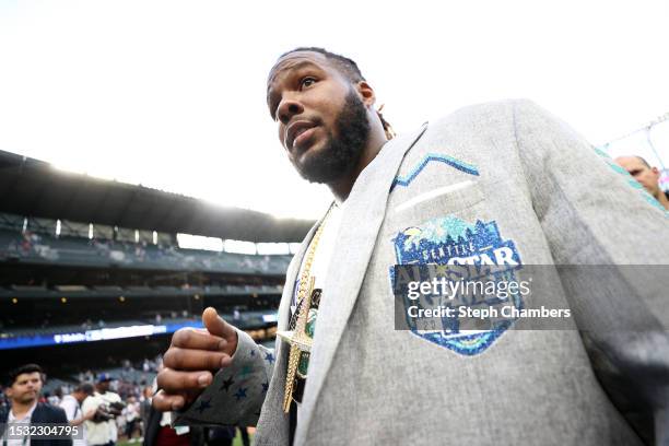 Vladimir Guerrero Jr. #27 of the Toronto Blue Jays celebrates after winning the T-Mobile Home Run Derby at T-Mobile Park on July 10, 2023 in Seattle,...