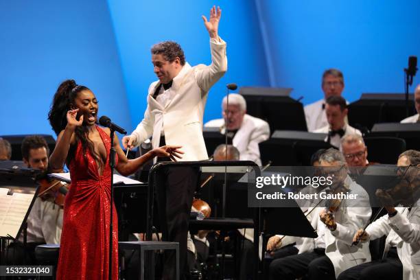 Los Angeles, CA, Thursday, July 13, 2023 - Gustavo Dudamel conducts as Patina Miller sings Duke Ellington's It Don't Mean a Thing, at the Hollywood...