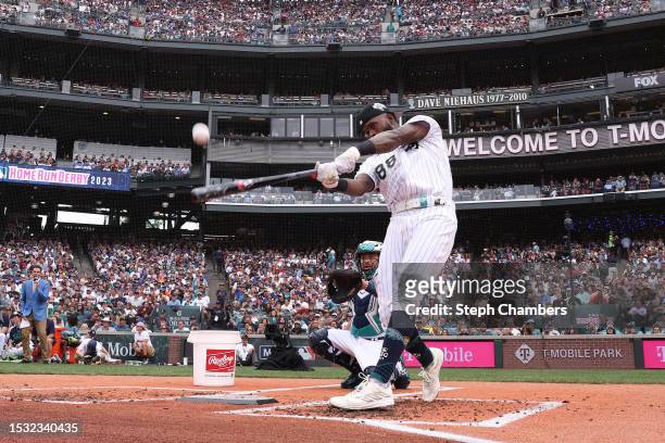 Luis Robert Jr. #88 of the Chicago White Sox bats during the T-Mobile Home Run Derby at T-Mobile Park on July 10, 2023 in Seattle, Washington.