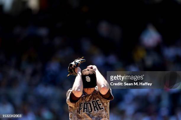 Tim Hill of the San Diego Padres looks on during a game against the Washington Nationals at PETCO Park on June 25, 2023 in San Diego, California.